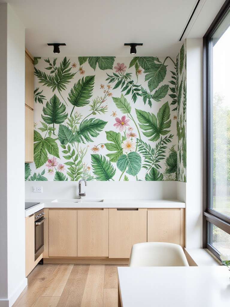 Bright kitchen with a wall covered in vibrant green and pink botanical print wallpaper, featuring lush leaves and flowers, adding a touch of nature to the modern space.