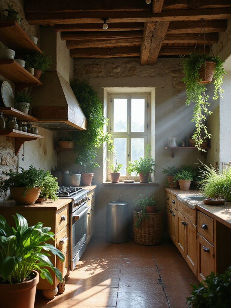 A charming rustic kitchen interior with exposed beams, stone accents, and abundant indoor plants and greenery on shelves, windowsills, and floors, creating a natural and inviting atmosphere.