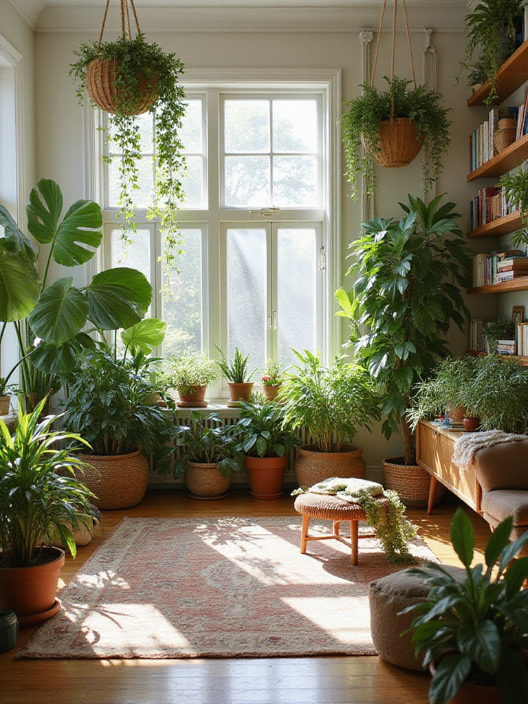 A lush bohemian living room featuring abundant indoor plants of various sizes and types, including floor plants, hanging plants, and shelf plants, creating a vibrant, natural atmosphere with soft natural light.