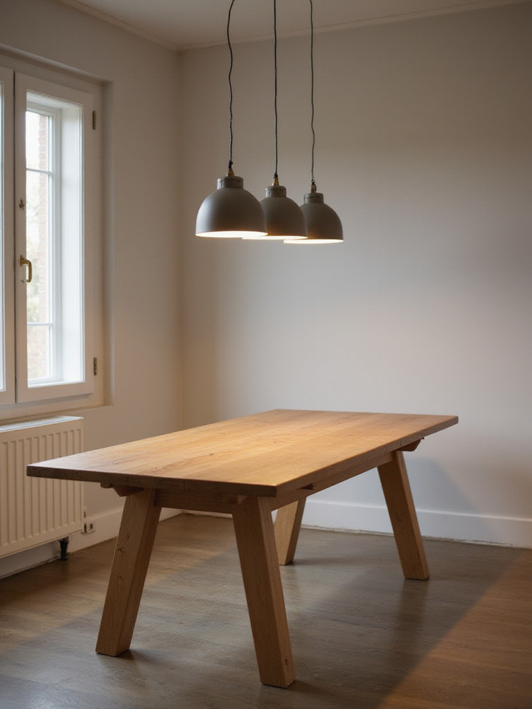 Simple, budget-friendly pendant lights hang above a wooden dining table in a modern dining room, casting warm light onto the surface.