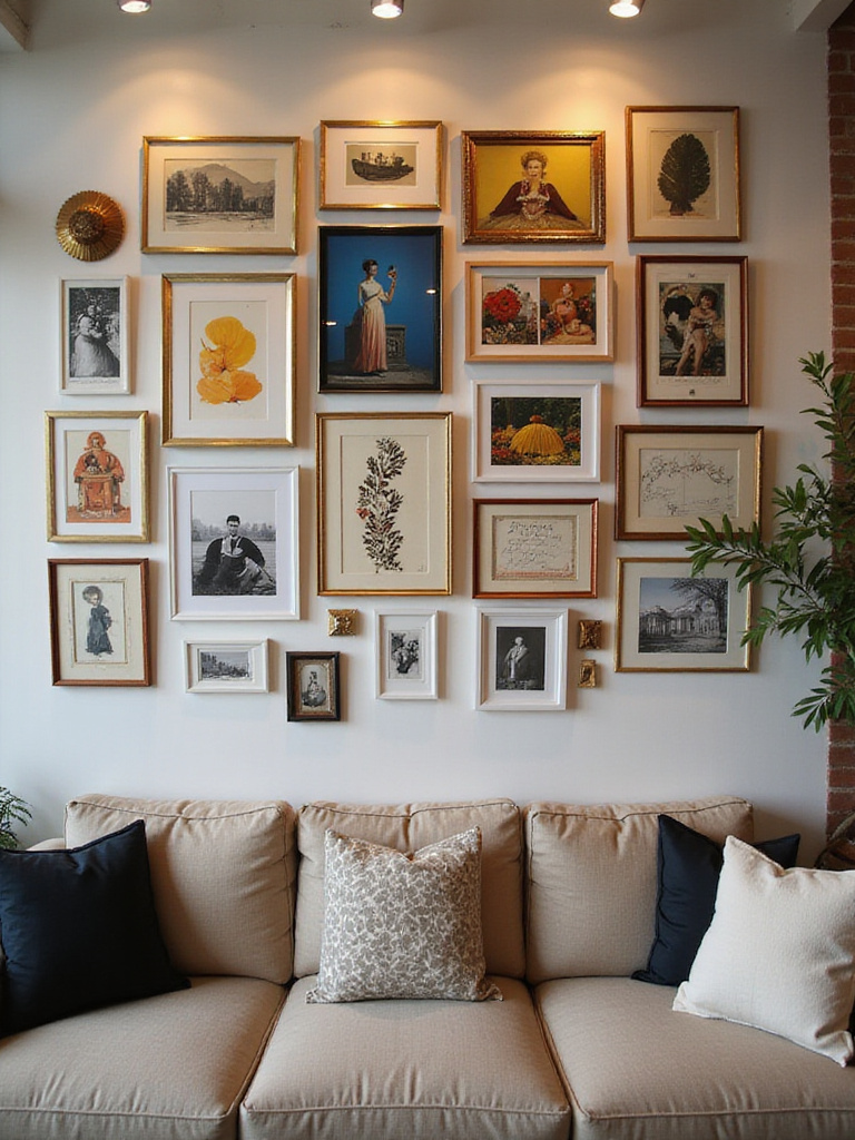 A colorful gallery wall showcasing various art pieces and personal photos in a living room.