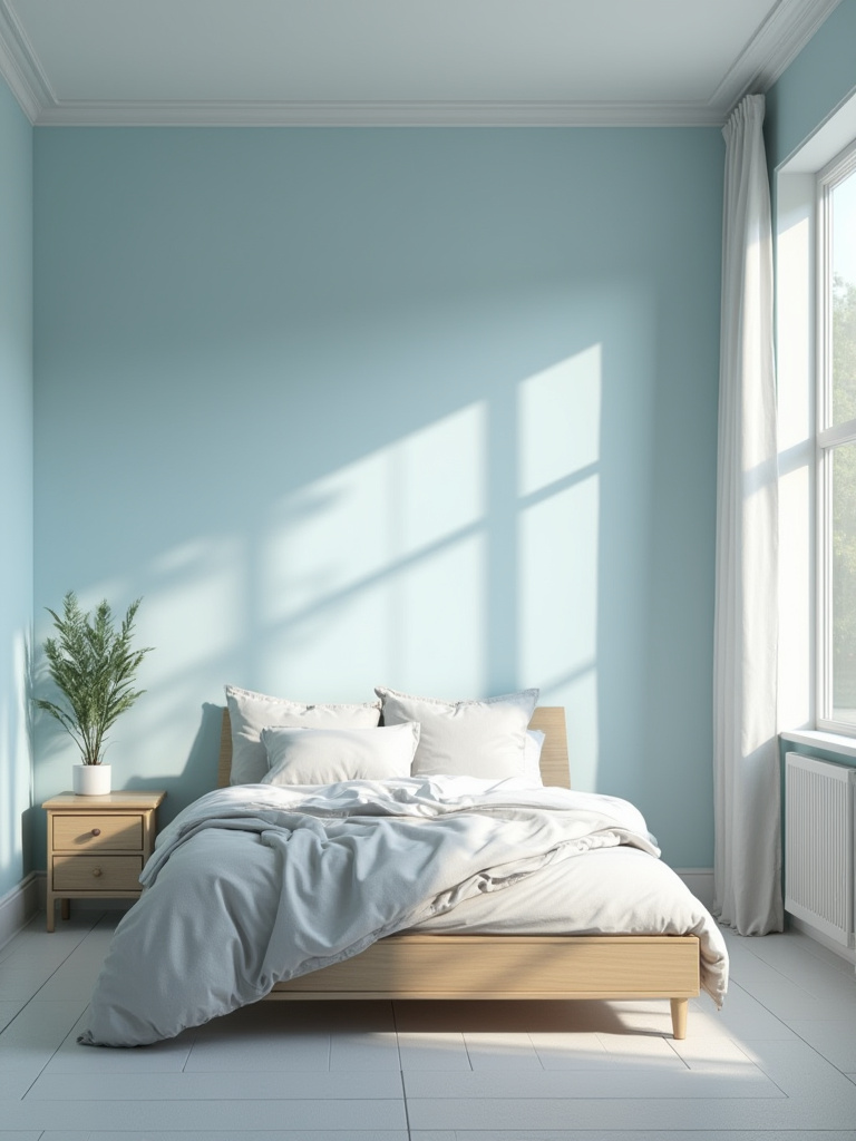 A tranquil bedroom with soft sky blue walls, white bedding, and light wood furniture, bathed in gentle natural light.