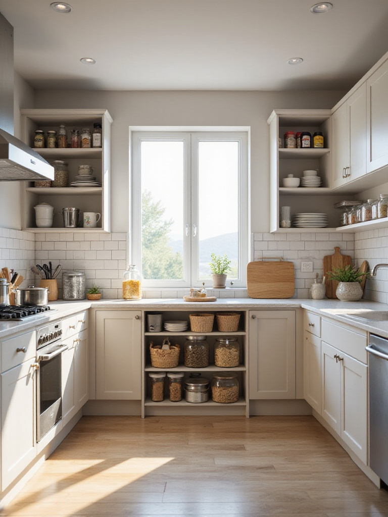 A modern kitchen interior demonstrating organized zones for cooking, prep, and storage with items neatly categorized in their respective areas.