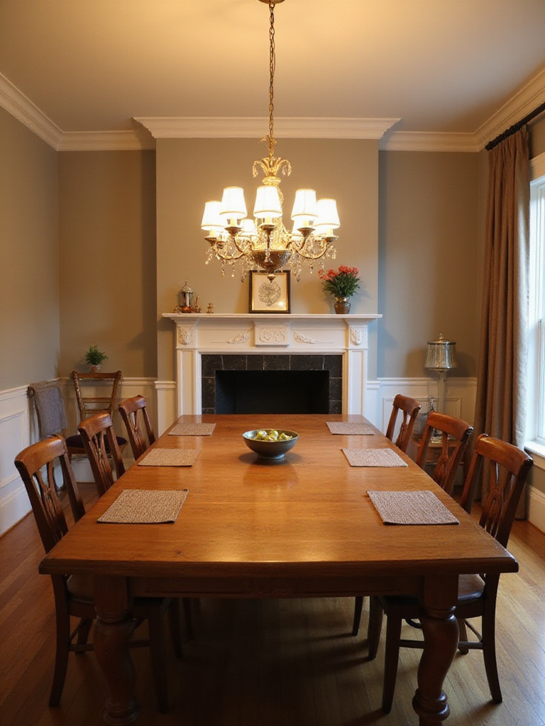 Elegant chandelier perfectly centered above a large dining table in a balanced dining room, showcasing ideal lighting placement.
