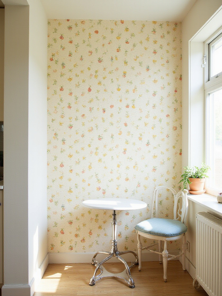 A charming kitchen breakfast nook featuring an accent wall covered in vintage-inspired wallpaper with a small fruit pattern, bringing a touch of nostalgic charm to the space.