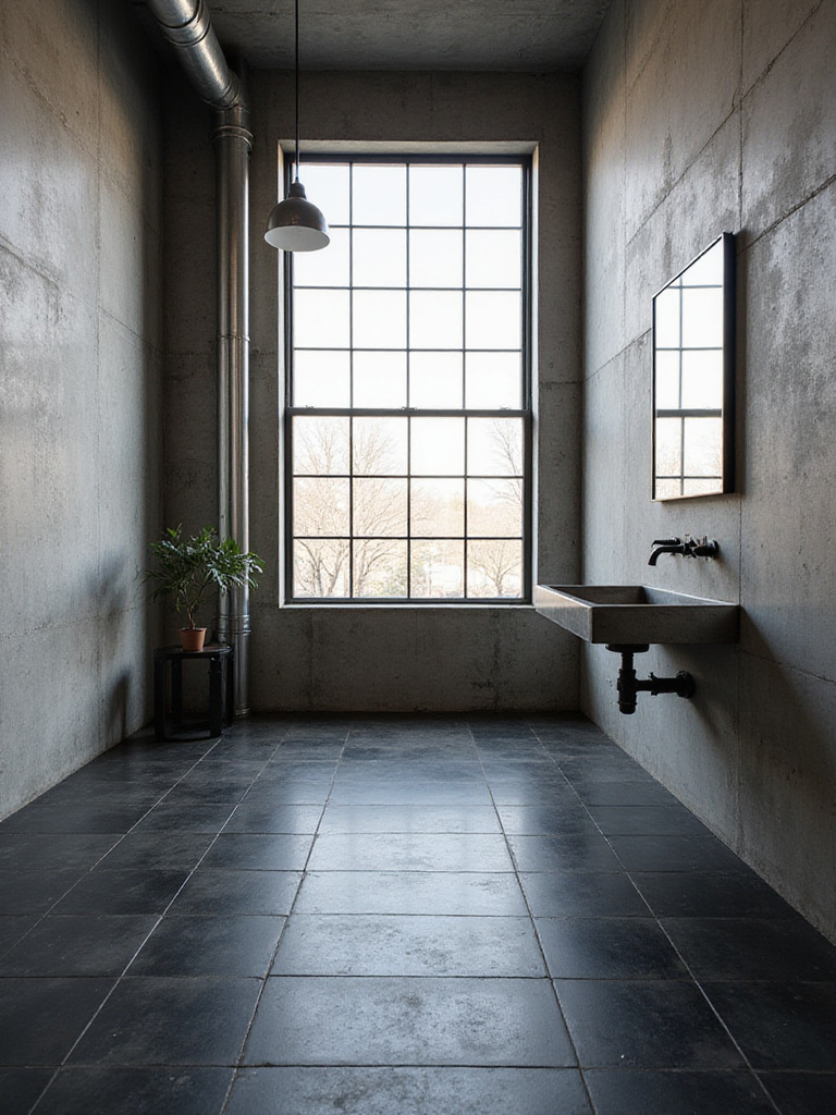 Industrial bathroom with a black and dark grey matte checkerboard tile floor, raw concrete walls, and exposed metal pipes, creating an urban aesthetic.