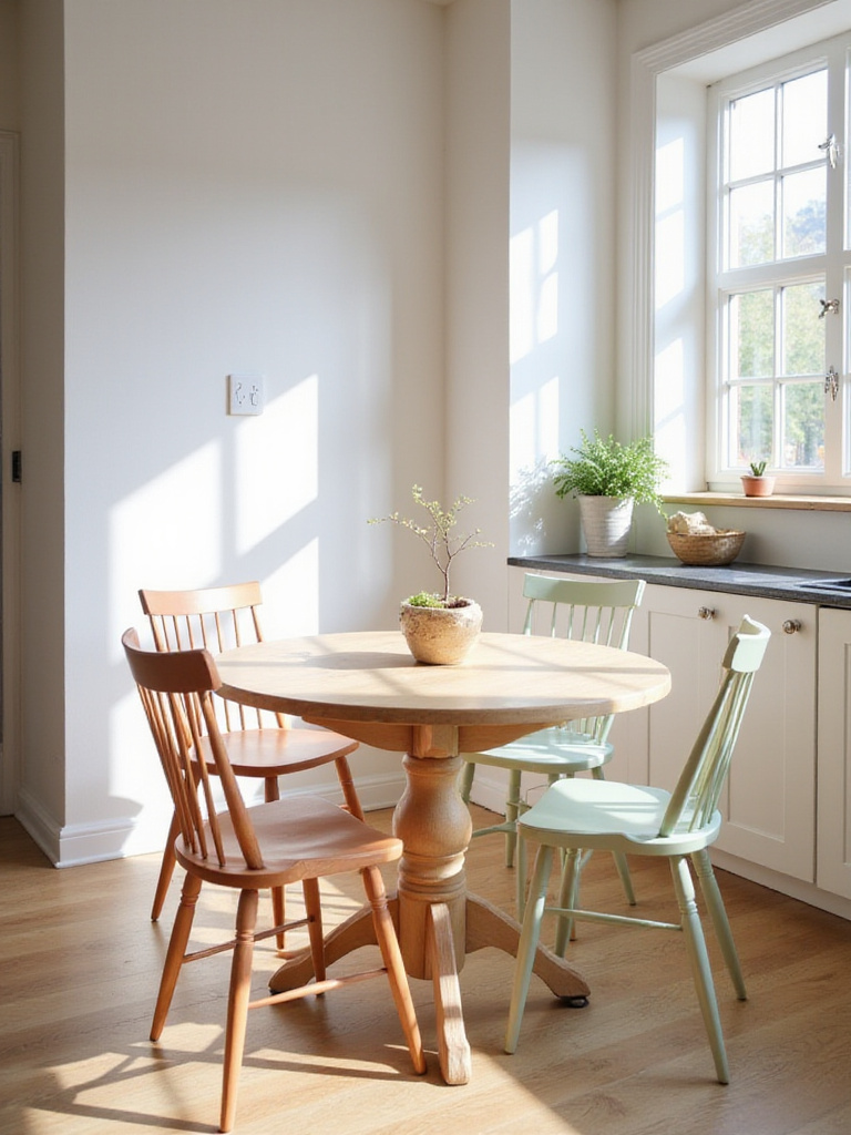 Chic round dining table in a bright and airy eat-in kitchen