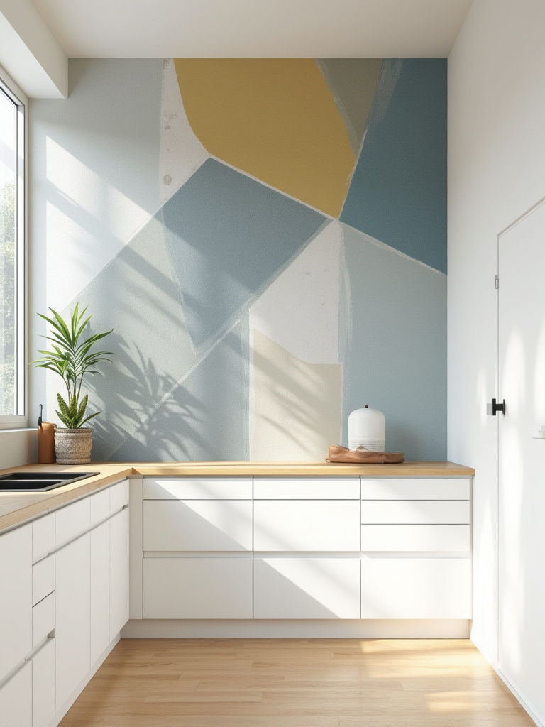 Modern kitchen featuring a large accent wall covered in abstract geometric wallpaper with muted blue, gray, and yellow shapes.