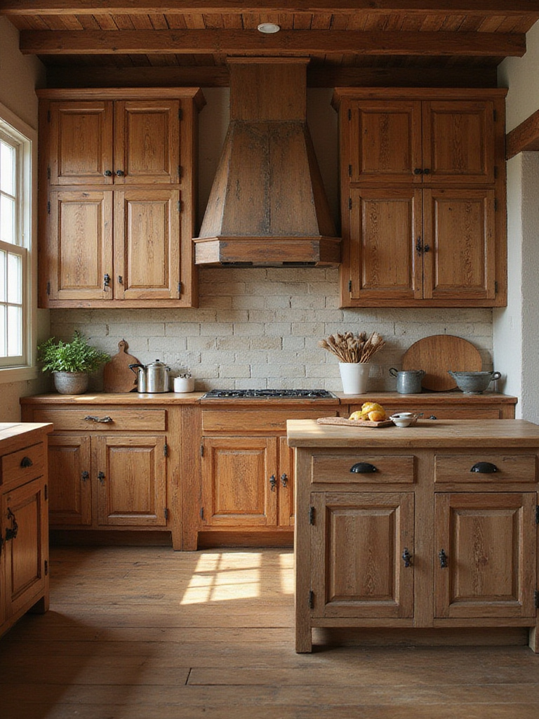 Rustic kitchen cabinets with a beautifully distressed wood finish, showing aged edges and natural imperfections.