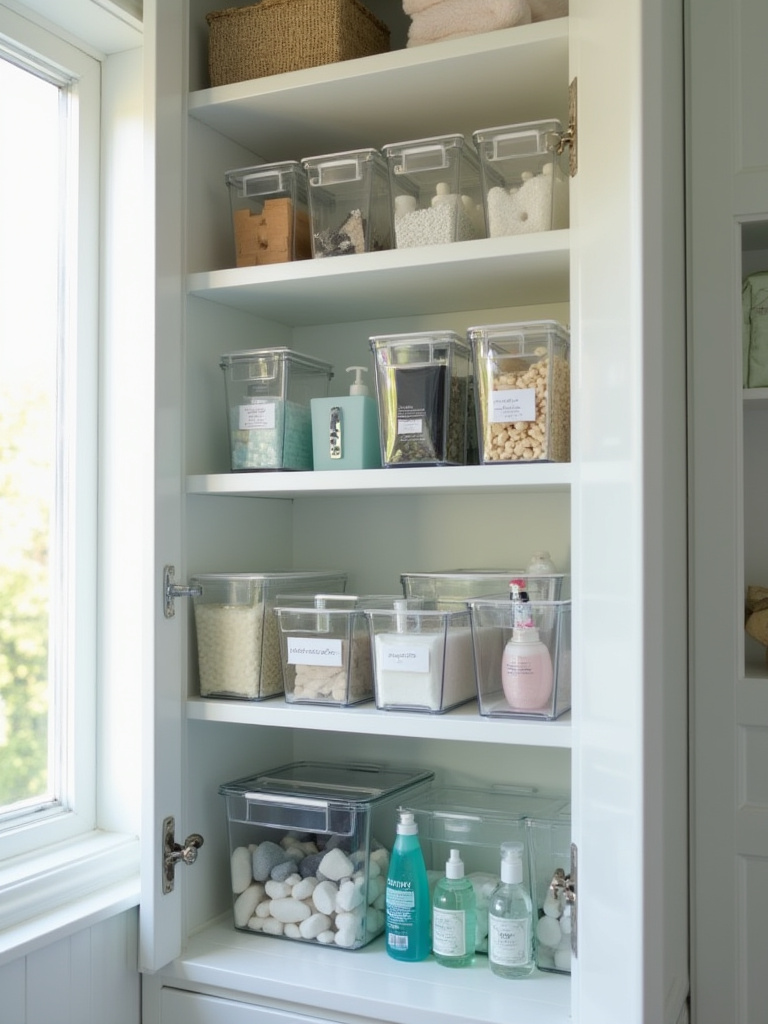 Organized bathroom cabinet with clear containers showing various toiletries and cosmetics.