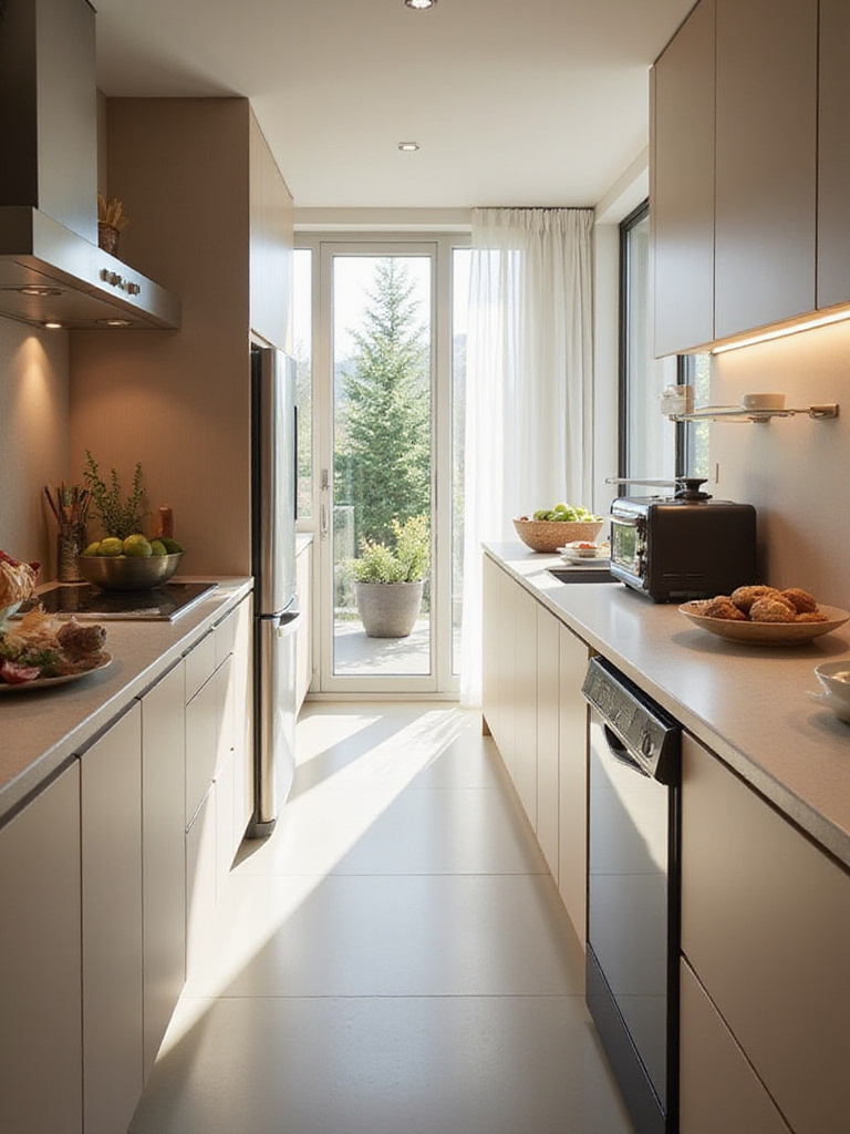 A bright, small kitchen featuring space-saving compact appliances like a slimline dishwasher and integrated refrigerator, alongside multi-functional countertop appliances like a convection toaster oven, demonstrating efficient design for limited spaces.