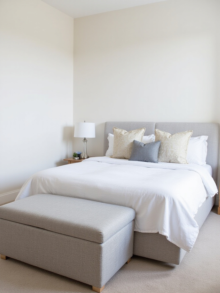 Small bedroom featuring a storage ottoman at the foot of the bed.