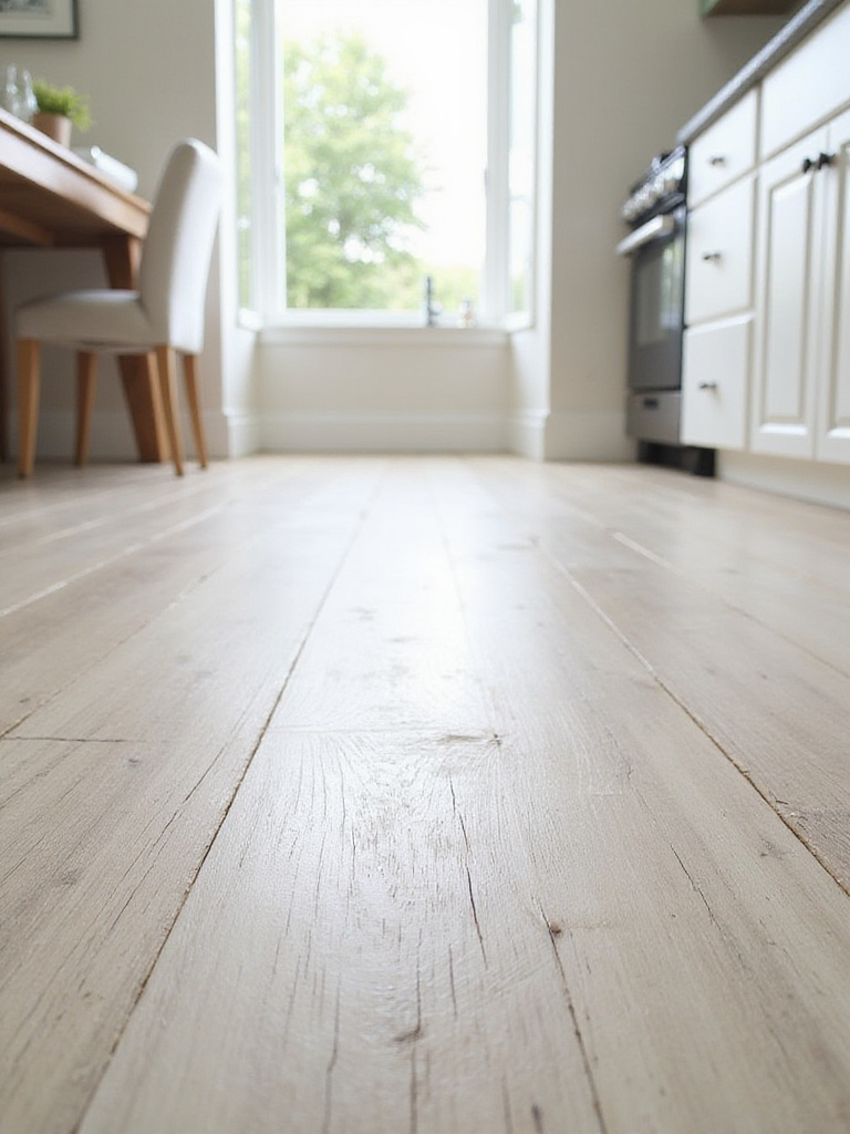 White washed or light oak wood flooring in a coastal kitchen, creating a bright, airy foundation and reflecting natural light.