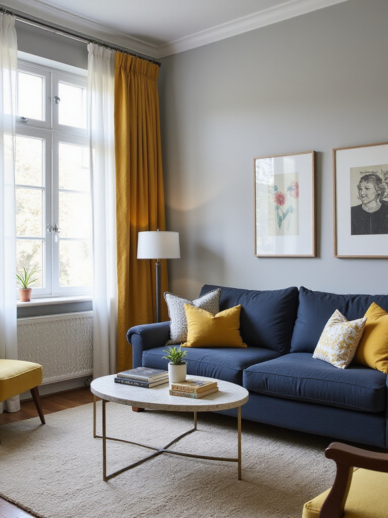 Stylish living room with a cohesive color palette featuring gray walls, navy sofa, and mustard yellow accents.