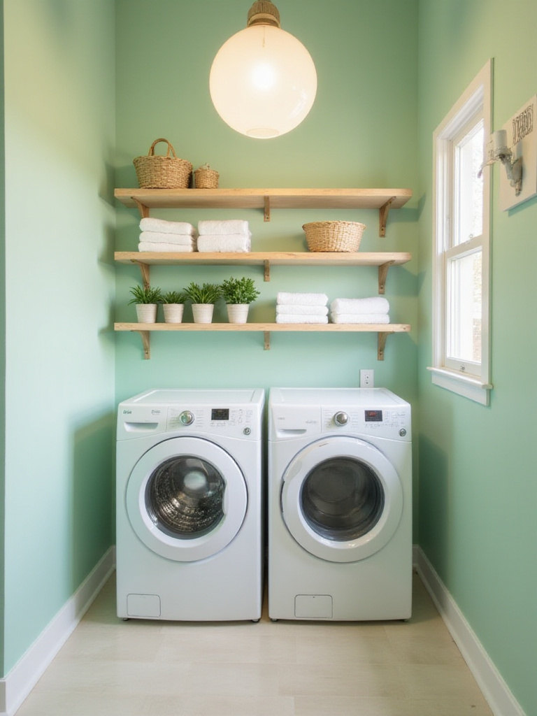 Laundry room with refreshing soft green walls, modern washer and dryer, and open wooden shelves with towels and decor.