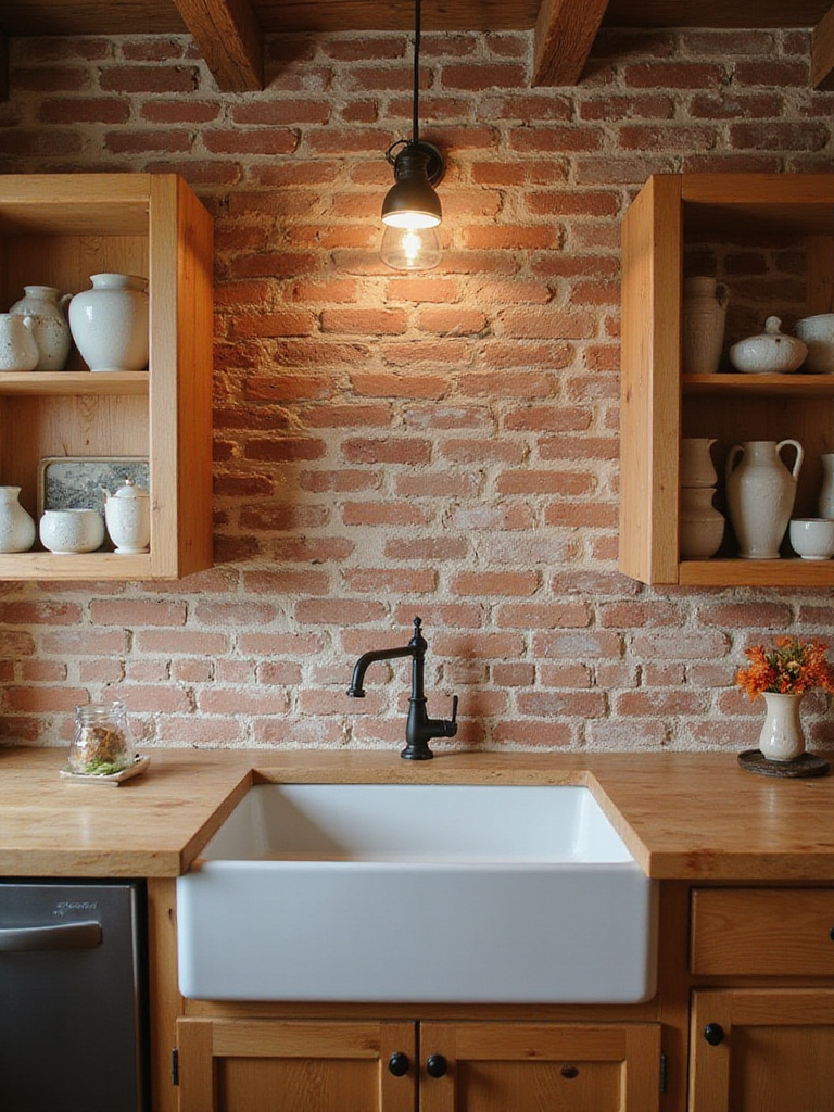 Rustic kitchen featuring a simple backsplash made of weathered red brick veneer above a farmhouse sink.