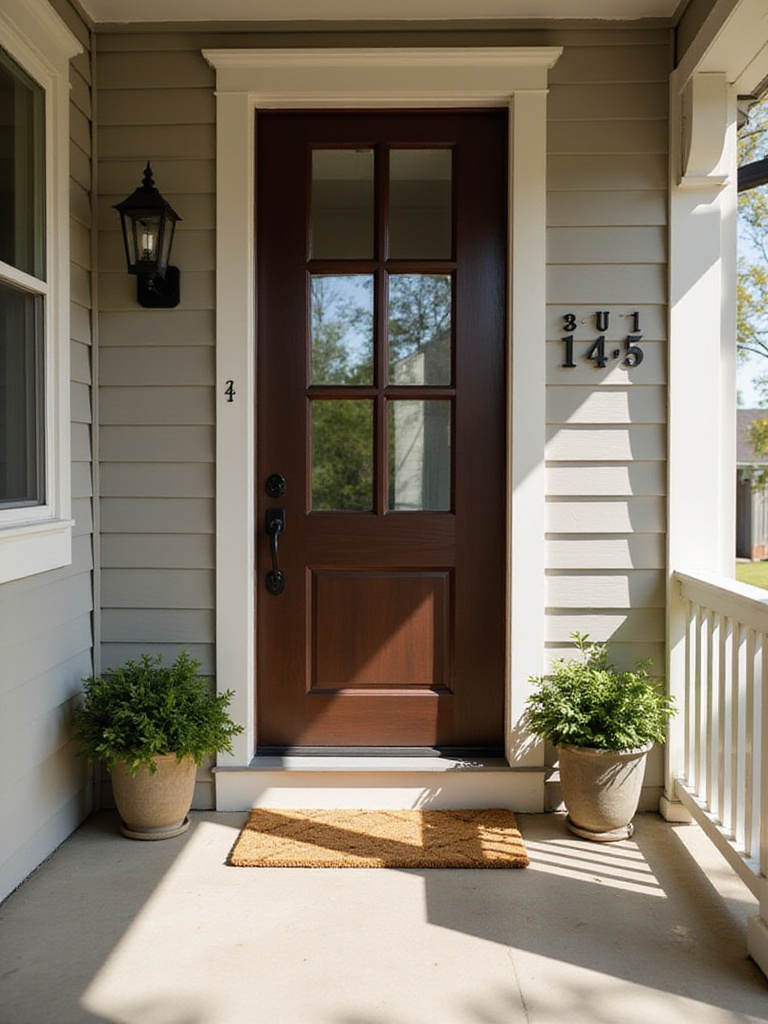 Craftsman-style front porch with a welcoming coir doormat.