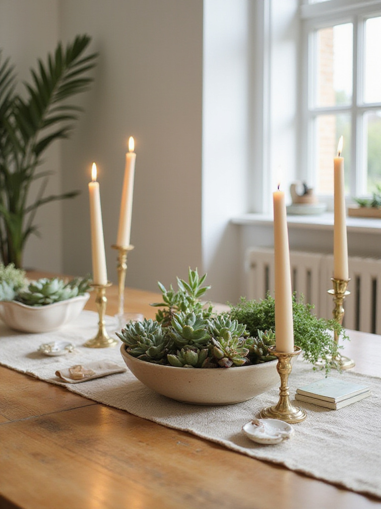Styled dining table with elegant centerpiece featuring varying heights and textures, bathed in natural light.