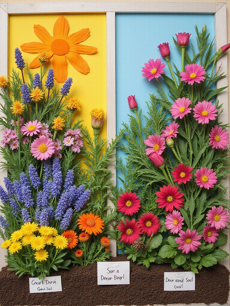 Visual examples of different flowering plants suited for various garden conditions and light exposures.