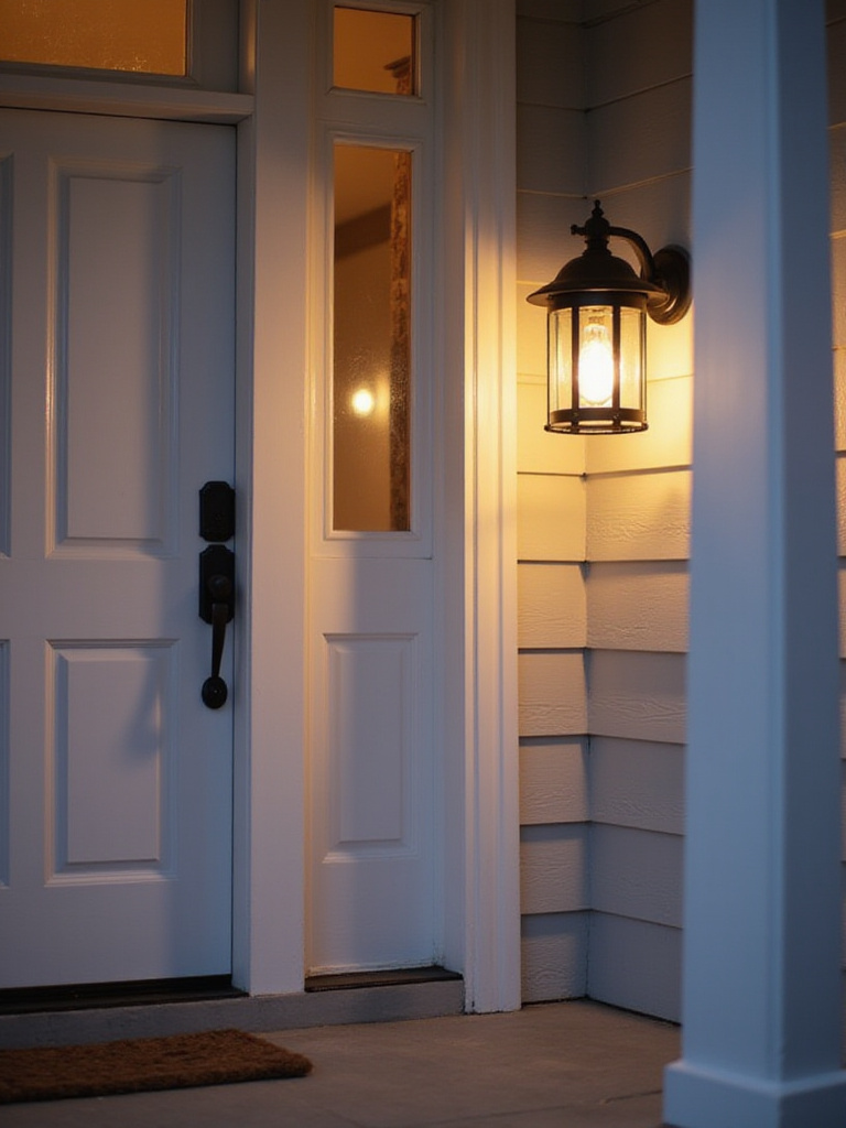 Stylish black lantern porch light fixture illuminating a white front door at dusk.