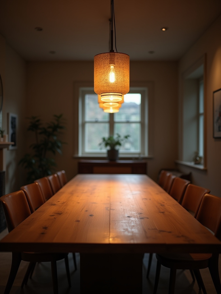 An appropriately sized light fixture hanging above a rectangular dining table in an elegant dining room, illustrating proper scale.