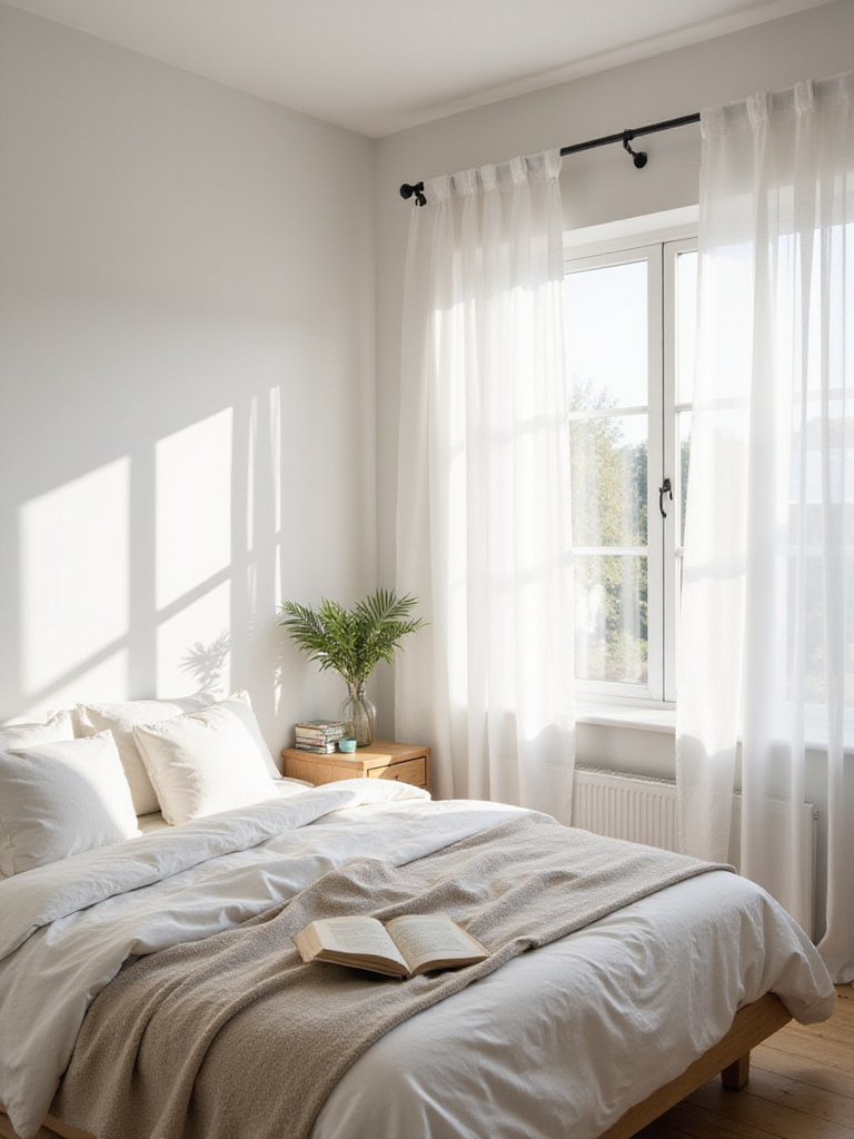 A clean, serene bedroom with crisp white walls, natural wood furniture, and soft, layered white bedding, illuminated by gentle morning light from a large window.