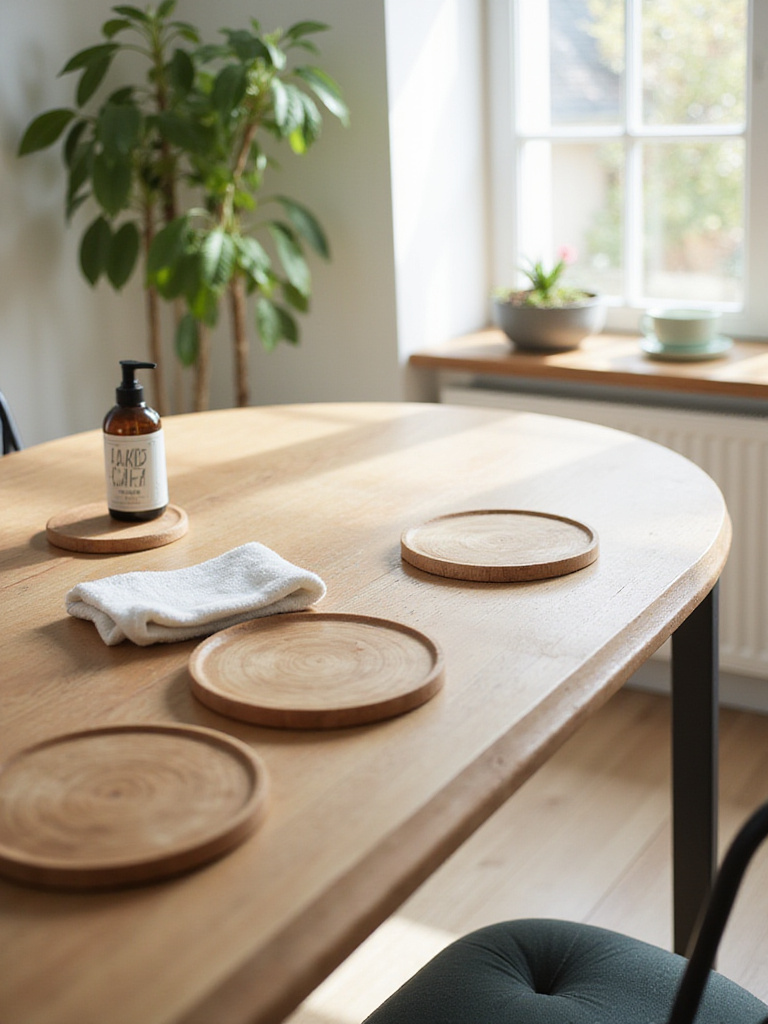 A clean, well-maintained dining table with care items like coasters and polish displayed, highlighting proper furniture care.