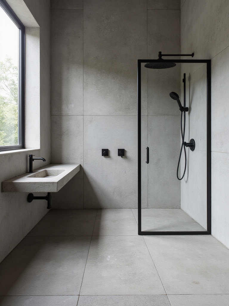Industrial bathroom featuring seamless grey concrete microcement effect tiles on walls and floor, with black fixtures and a walk-in shower.