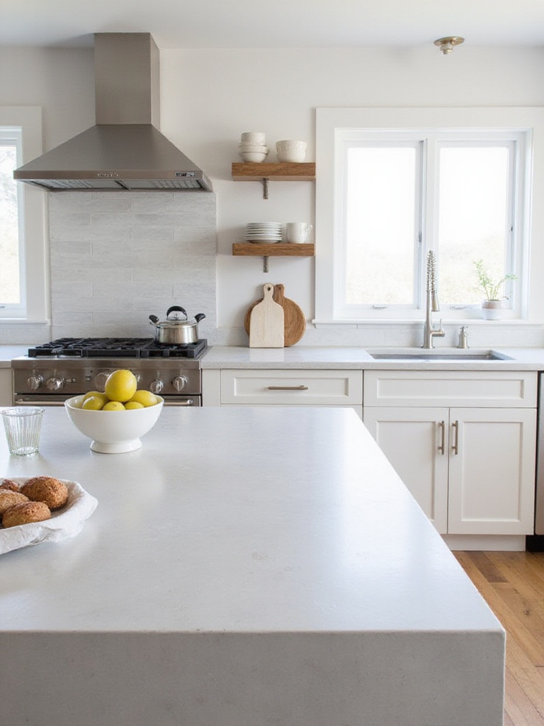Polished concrete countertops in a light gray or white hue, offering a modern, customizable, and beach-inspired vibe in a coastal kitchen.