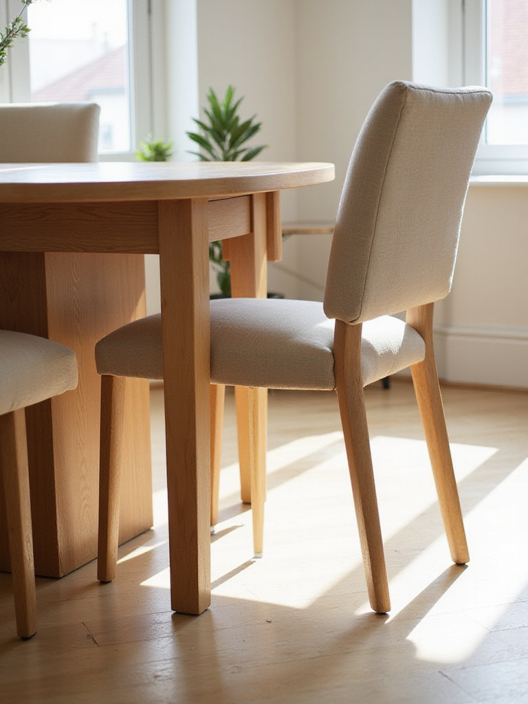 Detailed view of a dining table and chair showing leg room and apron height for comfortable seating.
