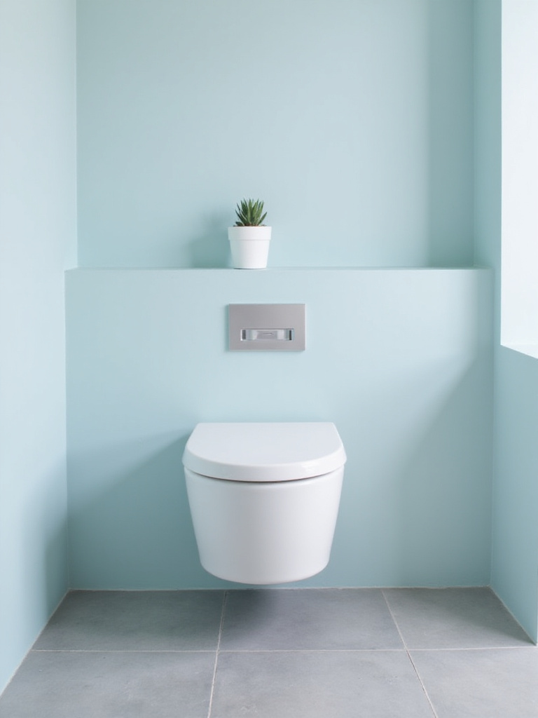 Minimalist bathroom with wall-mounted toilet and narrow shelf for accessories.