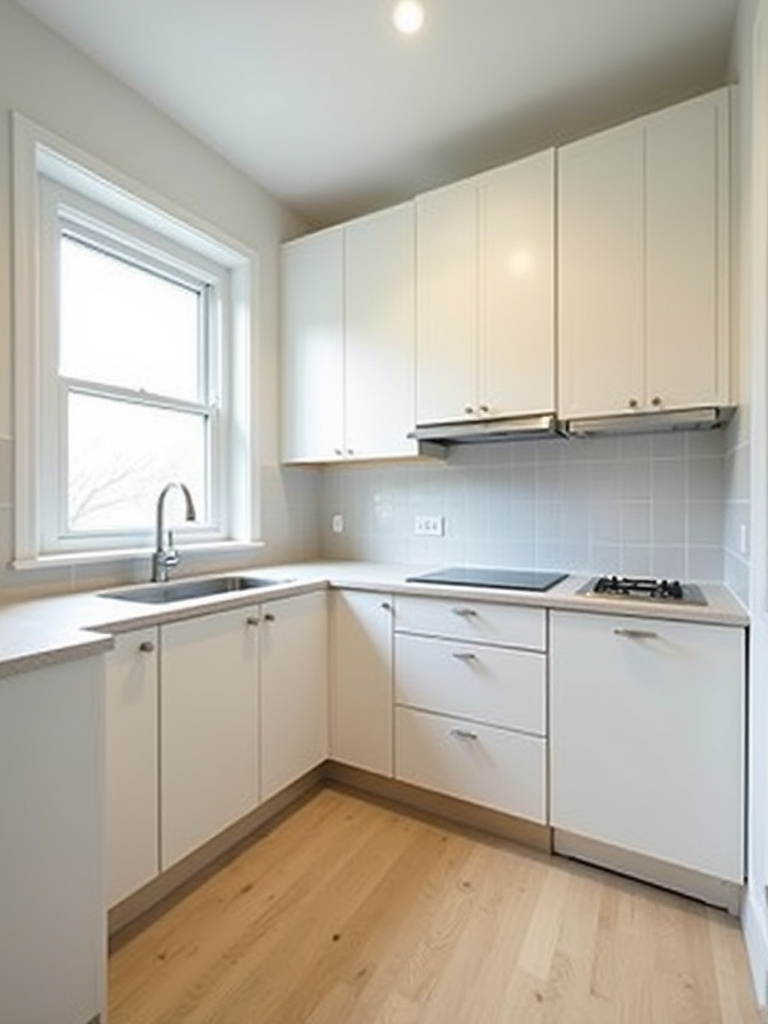 A small, modern L-shape kitchen with light cabinets, maximizing space with vertical storage and efficient appliance placement.