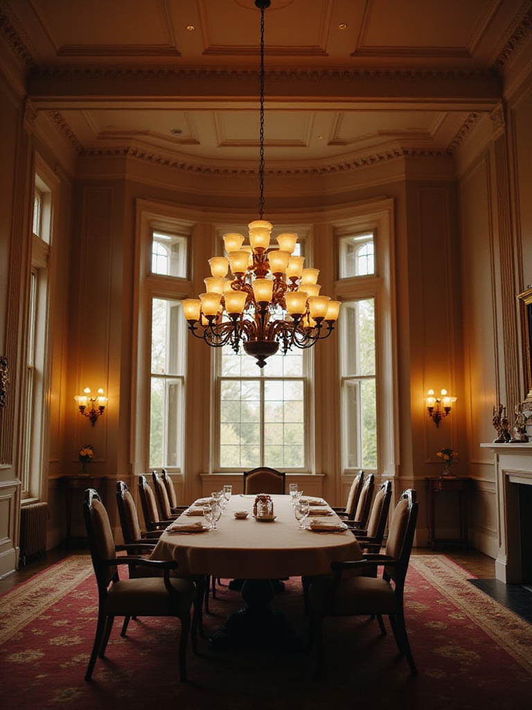 A large, elegant chandelier hangs low over a dining table in a room with a high ceiling, illustrating how ceiling height impacts dining room lighting fixture choice and placement.