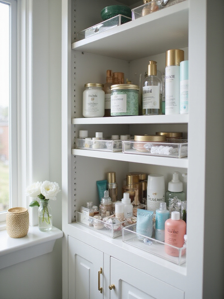 Organized bathroom cabinet with trays and dividers for small items