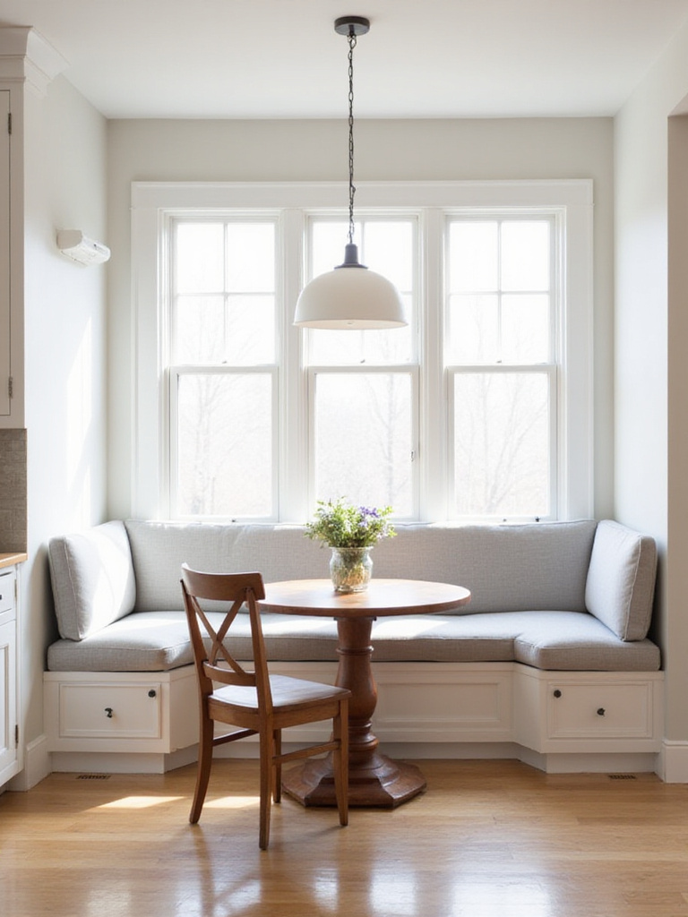 Cozy banquette seating in a modern farmhouse kitchen nook.