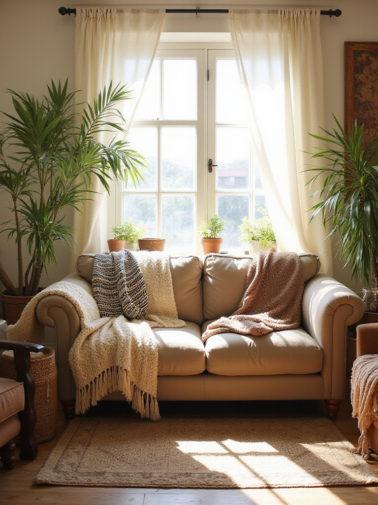 Cozy boho living room featuring a comfortable sofa and armchair adorned with effortlessly draped throws in various textures and patterns, under warm natural light.