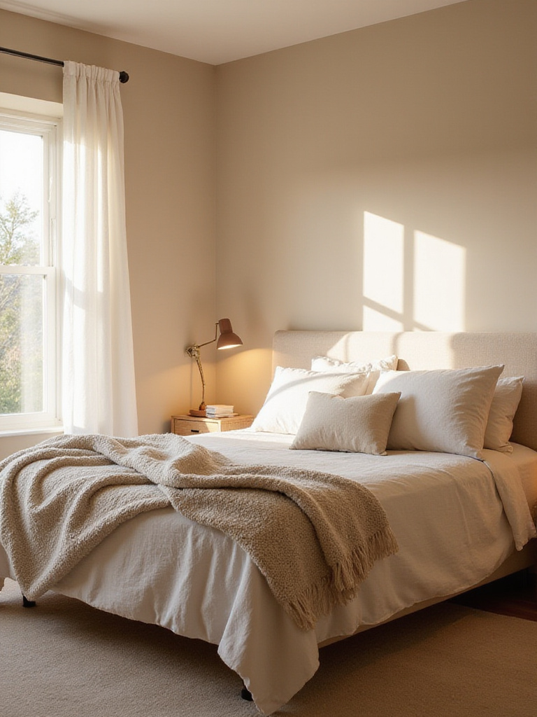 A cozy bedroom painted in a warm beige color, featuring a bed layered with soft neutral textiles and warm lamp lighting, creating a serene and comforting atmosphere.