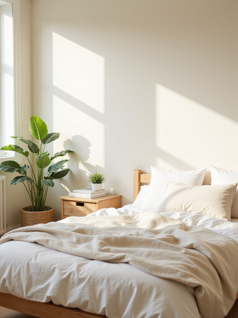 Bedroom walls painted in a soft creamy off-white, creating a serene and bright atmosphere.