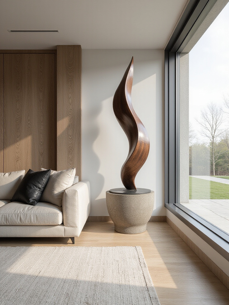 Modern living room featuring a large, unique abstract sculpture on a pedestal as a focal accent piece.