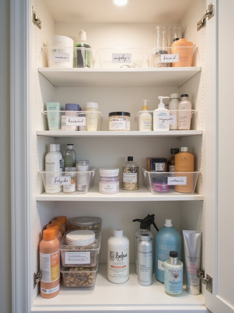 Organized bathroom cabinet with designated zones for first aid and hair products