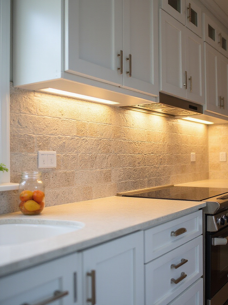 Textured tile backsplash with white cabinets in a modern kitchen