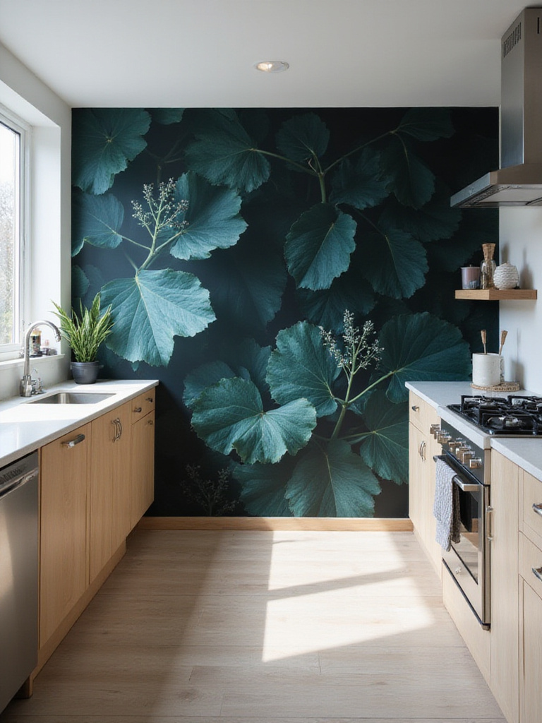 Modern kitchen featuring a large wall covered in a dramatic, dark botanical mural with oversized leaves and flowers.