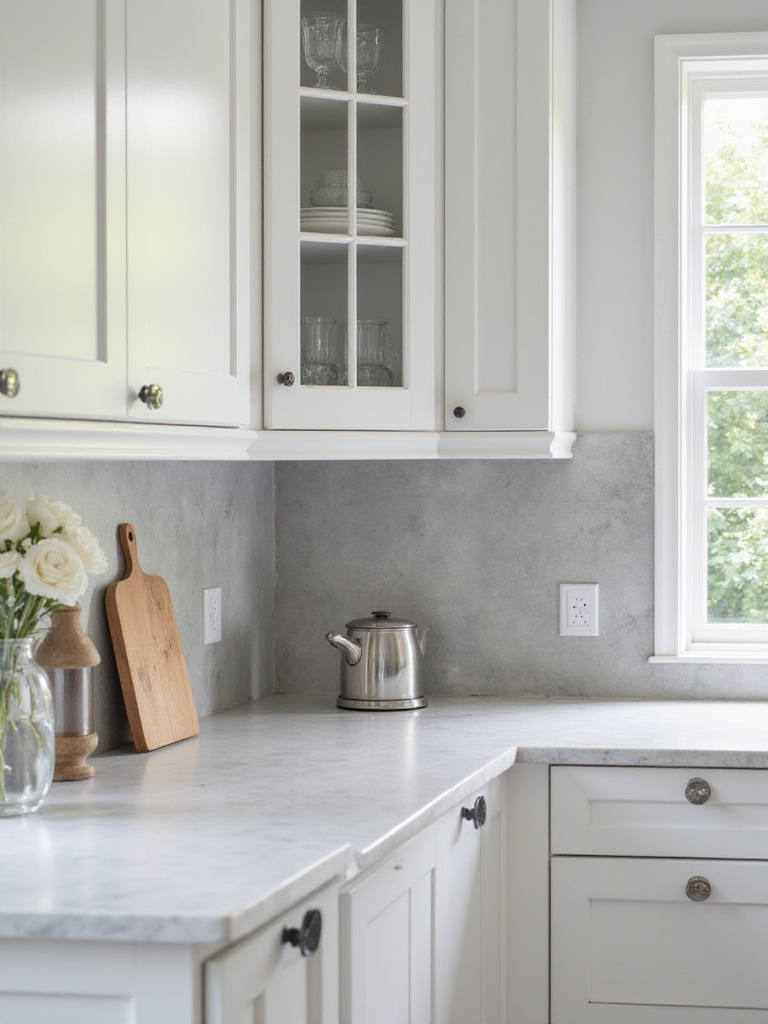 Modern kitchen with sleek metal backsplash behind white cabinets