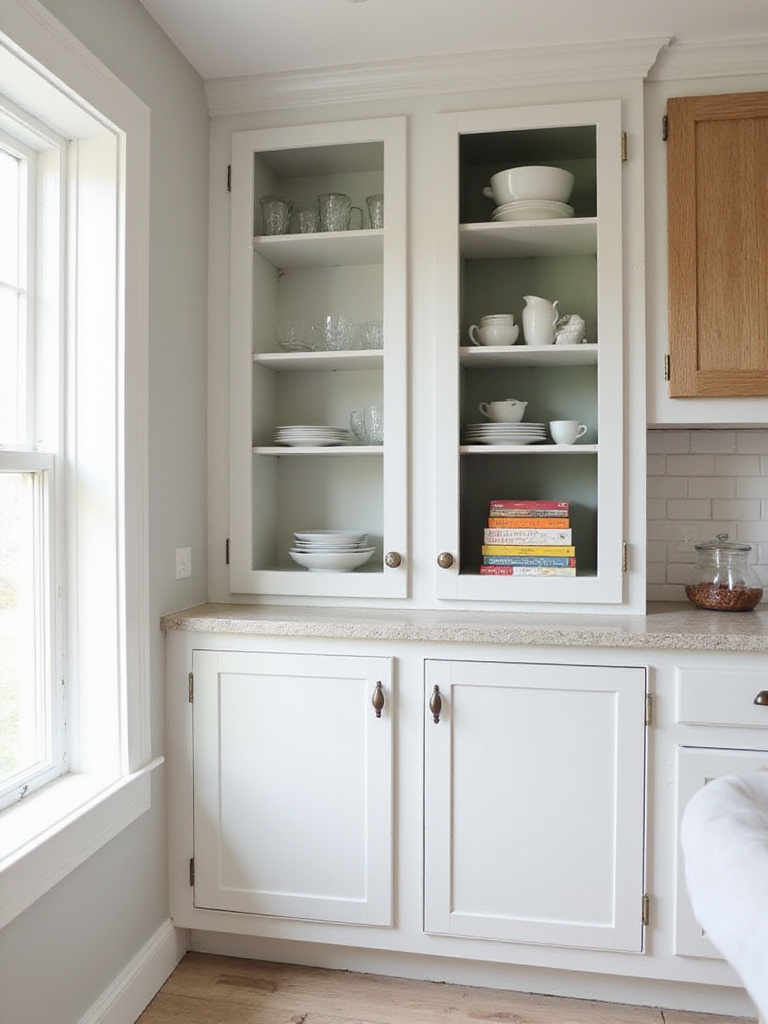 Upper kitchen cabinets with doors removed to create open shelving, displaying white dishes and glassware in a modern farmhouse kitchen.
