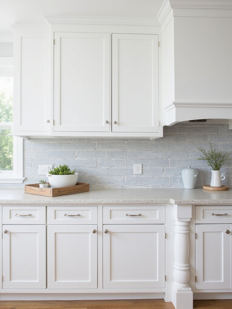 Modern kitchen with soft gray subway tile backsplash behind white cabinets