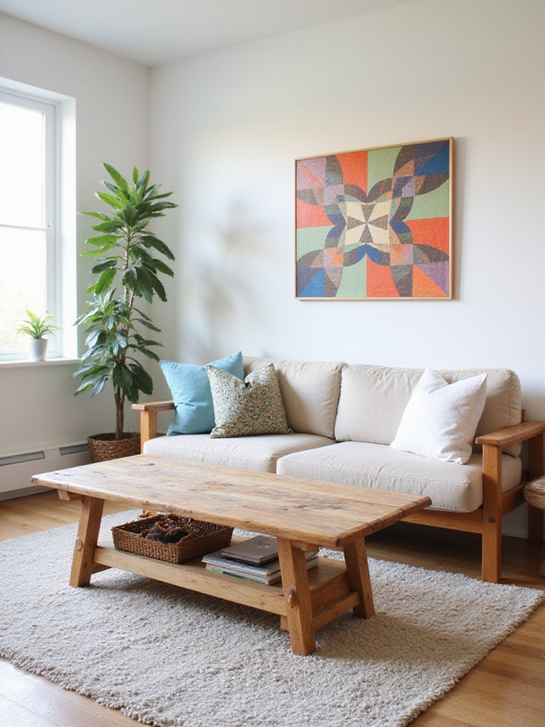 Living room decorated with unique DIY decor pieces, featuring wall art and a custom coffee table.