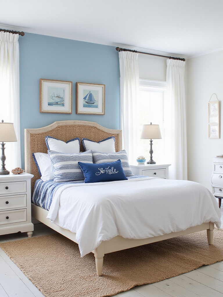 Classic blue and white coastal bedroom featuring striped bedding, a rattan headboard, and nautical decor.