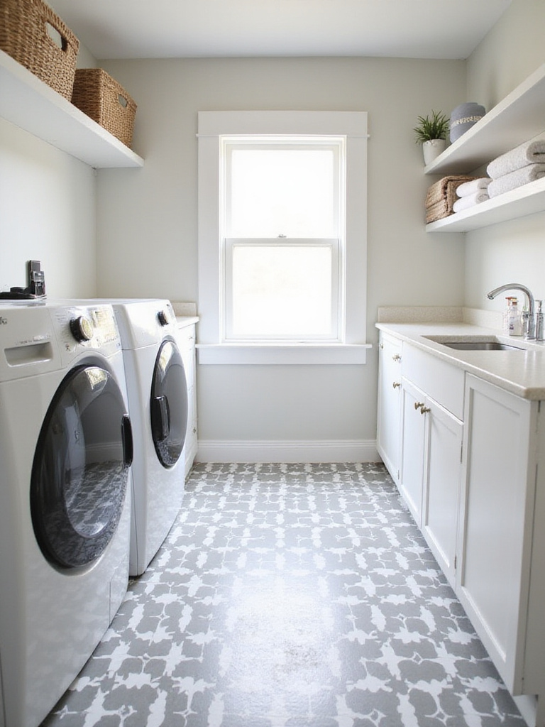A modern laundry room featuring a DIY stenciled floor with a geometric pattern in grey and white. Includes a washer, dryer, and utility sink.
