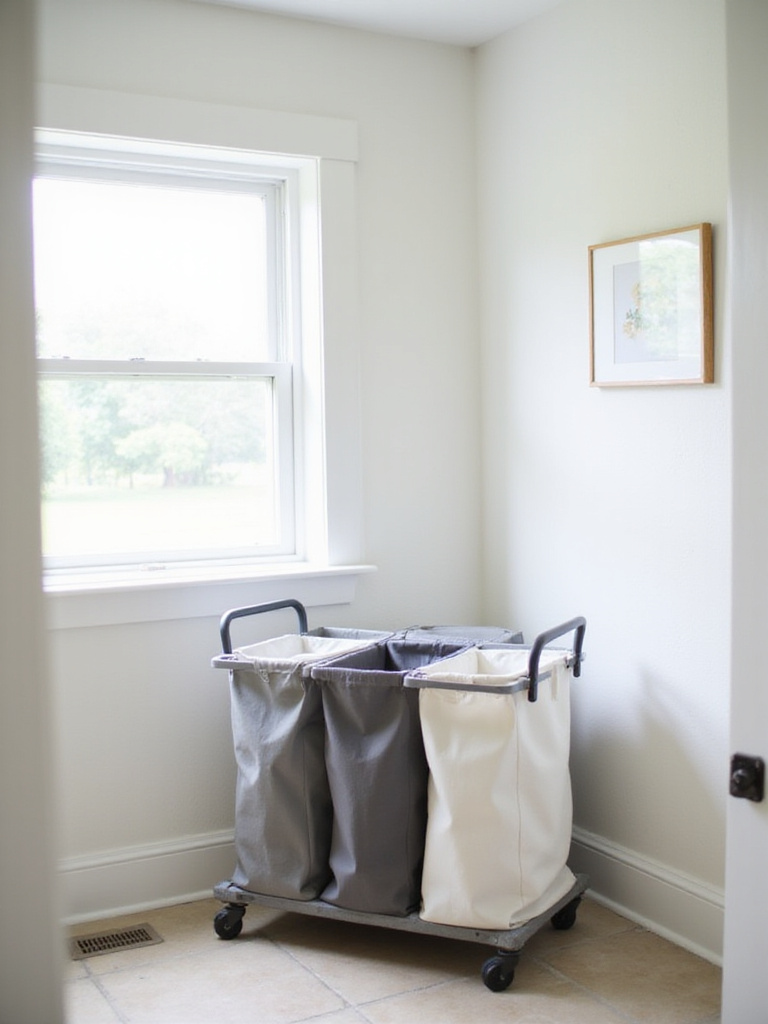 Laundry room with a rolling three-bag laundry sorter for organized clothes separation.