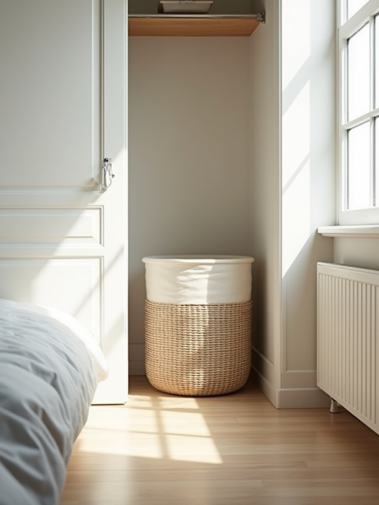 Stylish woven hamper placed in a dedicated corner spot in a clean, organized bedroom, illustrating effective laundry storage.